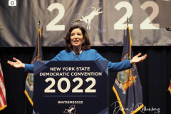 New York Gov. Kathy Hochul during the 2022 New York State Democratic Convention at the Sheraton New York Times Square Hotel on February 17, 2022 in New York City. Former Secretary of State Hillary Clinton gave the keynote address during the second day of the NYS Democratic Convention where the party organized the party's platform and nominated candidates for statewide offices that will be on the ballot this year including the nomination of Gov. Kathy Hochul and her Lt. Gov. Brian Benjamin
