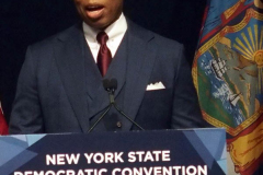 NYC Mayor Eric Adams during the 2022 New York State Democratic Convention at the Sheraton New York Times Square Hotel on February 17, 2022 in New York City. Former Secretary of State Hillary Clinton gave the keynote address during the second day of the NYS Democratic Convention where the party organized the party's platform and nominated candidates for statewide offices that will be on the ballot this year including the nomination of Gov. Kathy Hochul and her Lt. Gov. Brian Benjamin