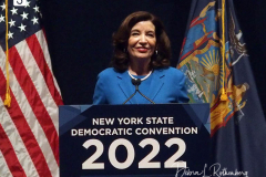 New York Gov. Kathy Hochul speaks during the 2022 New York State Democratic Convention at the Sheraton New York Times Square Hotel on 17 February 2022 in New York City. Former Secretary of State Hillary Clinton gave the keynote address during the second day of the New York Democratic Convention where the party organized the party's platform and nominated candidates for statewide offices that will be on the ballot this year including the nomination of Gov. Kathy Hochul and her Lt. Gov. Brian Benjamin.