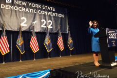 New York Gov. Kathy Hochul speaks during the 2022 New York State Democratic Convention at the Sheraton New York Times Square Hotel on 17 February 2022 in New York City. Former Secretary of State Hillary Clinton gave the keynote address during the second day of the New York Democratic Convention where the party organized the party's platform and nominated candidates for statewide offices that will be on the ballot this year including the nomination of Gov. Kathy Hochul and her Lt. Gov. Brian Benjamin.