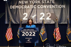 New York Gov. Kathy Hochul speaks during the 2022 New York State Democratic Convention at the Sheraton New York Times Square Hotel on 17 February 2022 in New York City. Former Secretary of State Hillary Clinton gave the keynote address during the second day of the New York Democratic Convention where the party organized the party's platform and nominated candidates for statewide offices that will be on the ballot this year including the nomination of Gov. Kathy Hochul and her Lt. Gov. Brian Benjamin.