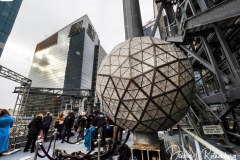 Workers install Waterford Crystal triangles on the Times Square New Year's Eve Ball on December 27, 2021 in New York.
