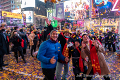 Revelers celebrate the New Year in Times Square 1/1/22.  Although the crowds were smaller, 15,000 instead of 58,000, it appeared to be a very crowded celebration.
