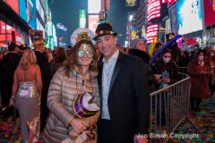 Revelers celebrate the New Year in Times Square 1/1/22.  Although the crowds were smaller, 15,000 instead of 58,000, it appeared to be a very crowded celebration.
