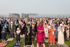 Members of the Islamic Society of Bay Ridge join in prayer at the Eid-Al-Adha celebration in Bensonhurst, Brooklyn, NY, on July 20, 2021. (Photo by Gabriele Holtermann)