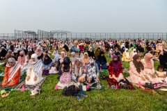Members of the Islamic Society of Bay Ridge join in prayer at the Eid-Al-Adha celebration in Bensonhurst, Brooklyn, NY, on July 20, 2021. (Photo by Gabriele Holtermann)
