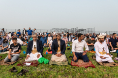 Members of the Islamic Society of Bay Ridge join in prayer at the Eid-Al-Adha celebration in Bensonhurst, Brooklyn, NY, on July 20, 2021. (Photo by Gabriele Holtermann)