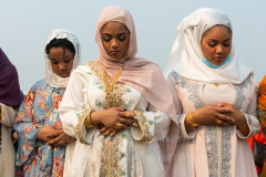 Members of the Islamic Society of Bay Ridge join in prayer at the Eid-Al-Adha celebration in Bensonhurst, Brooklyn, NY, on July 20, 2021. (Photo by Gabriele Holtermann)