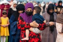 Members of the Islamic Society of Bay Ridge join in prayer at the Eid-Al-Adha celebration in Bensonhurst, Brooklyn, NY, on July 20, 2021. (Photo by Gabriele Holtermann)