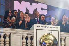Recently appointed NYC Mayor, ERIC ADAMS, rang the bell at the NEW YORK STOCK EXCHANGE on Monday, February 28, 2022. Mayor Adams also called himself a “compassionate capitalist” as well as getting over the “hurdles” of lifting the mask mandate for school children and finally hinted that the market could possibly take a “hit” due to the possible full war in Ukraine. (C) Bianca Otero