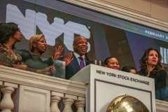 Recently appointed NYC Mayor, ERIC ADAMS, rang the bell at the NEW YORK STOCK EXCHANGE on Monday, February 28, 2022. Mayor Adams also called himself a “compassionate capitalist” as well as getting over the “hurdles” of lifting the mask mandate for school children and finally hinted that the market could possibly take a “hit” due to the possible full war in Ukraine. (C) Bianca Otero