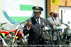 At the press conference in Washington Heights, Chief of Department Rodney Harrison flanked by Deputy Commissioner Robert Martinez declared of the motorbikes and ATVs, “"They are illegal and dangerous," he said. "Don't ride them. If you do, you are endangering yourself and others." Credit: ©2021 Robert Roth