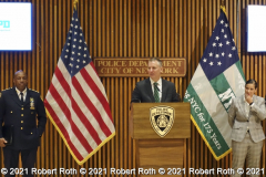 Police Commissioner Dermot Shea speaks to members of the media along with Chief of the Department Rodney Harrison and Sgt. Ana Arboleda.  Arboleda, who is vice present of GOAL, will soon step into the role of NYPD LGBTQIA+ Liaison to Harrison replacing the retiring Det. Carl. Locke.