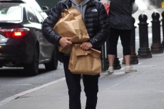December 13,2020  Wall Street in front of the New York Stock Exchange residents and tourists visit the Fearless Girl statue and take photographs by the Stock exchange Christmas tree.