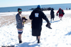 January 30, 2022 New York  
The day after a Nor'Easter hit New York City with 11 inches of snow the Coney Island Polar Bear Club  braved the cold 15 degree Fahrenheit temperature and jumped into the frigid Atlantic Ocean to have some fun.