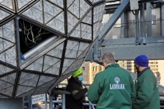 December 27 , 2020   New York City . Workers on roof of One Times Square prepare the New Years Eve Ball  by replacing crystals and checking the wiring for the big night
