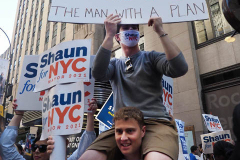 Shaun Donovan r supporters at a Pre-Debate Rally for the final Mayoral debate before Election Day.outside 30 Rockefeller Center in New York City on 15 June 2021