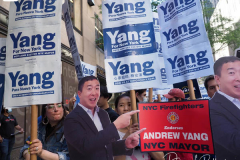 Andrew Yang Supporters at a Pre-Debate Rally for the final Mayoral debate before Election Day outside 30 Rockefeller Center in New York City