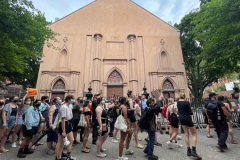 Pro reproductive protesters protested outside St. Patricks Old Cathedral in Manhattan on 
July 2, 2022 as they tried to stop religious anti abortion group from marching to a nearby abortion facility. 

Photo by Yunghi Kim/ Contact Press Images
