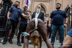 Performance artist Crackhead Barney challenges pro-life supporters outside Old St. Pat's Basilica on July 2, 2022, in New York, NY. (Photo by Gabriele Holtermann/Sipa USA)