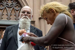 Performance artist Crackhead Barney challenges pro-life supporters outside Old St. Pat's Basilica on July 2, 2022, in New York, NY. (Photo by Gabriele Holtermann/Sipa USA)