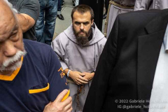 A monk prays during a pro -choice protest outside Old St. Pat's Basilica on July 2, 2022, in New York, NY. (Photo by Gabriele Holtermann/Sipa USA)