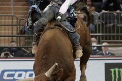 Manoelito de Souza Junior rides a bull named Casper while competing in the Professional Bull Riders (PBR) Unleash The Beast Monster Energy Buckoff at the Garden inside Madison Square Garden in New York City on January 8, 2022. (Photo by Andrew Schwartz)