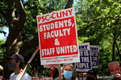 Member of the Professional Staff Congress the  college union that represents professors and college staff, protest in front of New York's City Hall.