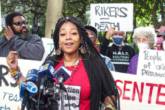 Dr Victoria Phillips (aka Ms. V) memer of the Jail Action Coalition (JAC) speaks to the crowd during a protest against Rikers Island Prison and facilities in front of City Hall, NYC, October 1, 2021.
On September 22, 2021 the death of Stephan Khadu, 24, just a few days after Abdul Karim, became the 12th inmate to die at Rikers Island Prison in 2021. After various inquiries and investigations, activist groups such as:  Women Prison Coalition, HALT Solitary Confinement, Vocal New York and Jails Action Coalition  organized the protest to gather former inmates, family and supporters together, to demand answers from local authorities and political figures regarding the system of prison management, process of bail and incarceration of people who inevitably find themselves in prison without a conviction. 
The protest moved from City Hall onto a Broadway intersection and blocked traffic up to a half a mile long for almost an hour. 
(C) Bianca Otero, October 1, 2021