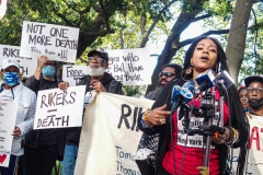 Dr Victoria Phillips (aka Ms. V) memer of the Jail Action Coalition (JAC) speaks to the crowd during a protest against Rikers Island Prison and facilities in front of City Hall, NYC, October 1, 2021.
On September 22, 2021 the death of Stephan Khadu, 24, just a few days after Abdul Karim, became the 12th inmate to die at Rikers Island Prison in 2021. After various inquiries and investigations, activist groups such as:  Women Prison Coalition, HALT Solitary Confinement, Vocal New York and Jails Action Coalition  organized the protest to gather former inmates, family and supporters together, to demand answers from local authorities and political figures regarding the system of prison management, process of bail and incarceration of people who inevitably find themselves in prison without a conviction. 
The protest moved from City Hall onto a Broadway intersection and blocked traffic up to a half a mile long for almost an hour. 
(C) Bianca Otero, October 1, 2021