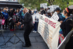 Marvin Mayfield, activist and  former inmate of Rikers Island Prison, speaks to the crowd during a protest against Rikers Island Prison and facilities in front of City Hall, NYC, October 1, 2021.
On September 22, 2021 the death of Stephan Khadu, 24, just a few days after Abdul Karim, became the 12th inmate to die at Rikers Island Prison in 2021. After various inquiries and investigations, activist groups such as:  Women Prison Coalition, HALT Solitary Confinement, Vocal New York and Jails Action Coalition  organized the protest to gather former inmates, family and supporters together, to demand answers from local authorities and political figures regarding the system of prison management, process of bail and incarceration of people who inevitably find themselves in prison without a conviction. 
The protest moved from City Hall onto a Broadway intersection and blocked traffic up to a half a mile long for almost an hour. 
(C) Bianca Otero, October 1, 2021