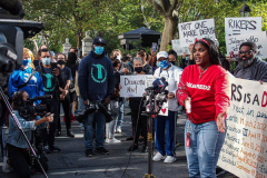Candie Johnson, former inmate of Rikers Island prison peaks to the crowd during a protest against Rikers Island Prison and facilities in front of City Hall, NYC, October 1, 2021.
On September 22, 2021 the death of Stephan Khadu, 24, just a few days after Abdul Karim, became the 12th inmate to die at Rikers Island Prison in 2021. After various inquiries and investigations, activist groups such as:  Women Prison Coalition, HALT Solitary Confinement, Vocal New York and Jails Action Coalition  organized the protest to gather former inmates, family and supporters together, to demand answers from local authorities and political figures regarding the system of prison management, process of bail and incarceration of people who inevitably find themselves in prison without a conviction. 
The protest moved from City Hall onto a Broadway intersection and blocked traffic up to a half a mile long for almost an hour. 
(C) Bianca Otero, October 1, 2021