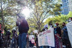 An activist speaks to the crowd during a protest against Rikers Island Prison and facilities in front of City Hall, NYC, October 1, 2021.
On September 22, 2021 the death of Stephan Khadu, 24, just a few days after Abdul Karim, became the 12th inmate to die at Rikers Island Prison in 2021. After various inquiries and investigations, activist groups such as:  Women Prison Coalition, HALT Solitary Confinement, Vocal New York and Jails Action Coalition  organized the protest to gather former inmates, family and supporters together, to demand answers from local authorities and political figures regarding the system of prison management, process of bail and incarceration of people who inevitably find themselves in prison without a conviction. 
The protest moved from City Hall onto a Broadway intersection and blocked traffic up to a half a mile long for almost an hour. 
(C) Bianca Otero, October 1, 2021