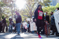 Activists speak to the crowd during a protest against Rikers Island Prison and facilities in front of City Hall, NYC, October 1, 2021.
On September 22, 2021 the death of Stephan Khadu, 24, just a few days after Abdul Karim, became the 12th inmate to die at Rikers Island Prison in 2021. After various inquiries and investigations, activist groups such as:  Women Prison Coalition, HALT Solitary Confinement, Vocal New York and Jails Action Coalition  organized the protest to gather former inmates, family and supporters together, to demand answers from local authorities and political figures regarding the system of prison management, process of bail and incarceration of people who inevitably find themselves in prison without a conviction. 
The protest moved from City Hall onto a Broadway intersection and blocked traffic up to a half a mile long for almost an hour. 
(C) Bianca Otero, October 1, 2021