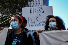Demonstrators during a protest against Rikers Island Prison and facilities in front of City Hall, NYC, October 1, 2021.
On September 22, 2021 the death of Stephan Khadu, 24, just a few days after Abdul Karim, became the 12th inmate to die at Rikers Island Prison in 2021. After various inquiries and investigations, activist groups such as:  Women Prison Coalition, HALT Solitary Confinement, Vocal New York and Jails Action Coalition  organized the protest to gather former inmates, family and supporters together, to demand answers from local authorities and political figures regarding the system of prison management, process of bail and incarceration of people who inevitably find themselves in prison without a conviction. 
The protest moved from City Hall onto a Broadway intersection and blocked traffic up to a half a mile long for almost an hour. 
(C) Bianca Otero, October 1, 2021
