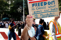 New York,  12,000 N.Y.C.  Municipal employees (police,fire,sanitation,teachers) protest  the  
Mandate to get vaccinated by October 29, 2021 or be put on unpaid leave. The protesters walked across the Brooklyn Bridge to City Hall.