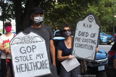Group of observant jews protest in front of United States Senator Charles Schumer's apartment building on the eve of the Holiest of jewish holidays Yom Kippur. The protestors want him to try and delay the confirmation hearing for Supreme court justice until after the election. Some protestors blow the ceremonial shofar (Rams Horn).