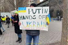 Protests arose in several parts of the city, where an estimated 500+ demonstrators marched from Times Square to the Permanent Mission of the Russian Federation. They then marched along Lexington Avenue to the United Nations, located within Dag Hammarskjold Plaza on East 47th Street in Manhattan. 

Among their chants, they shouted "hands off Ukraine," "stop Russia now," "stand with Ukraine," and "support Ukraine." Some also sang the Ukrainian national anthem. 

Photographer Placido D. Perez
NYPPA Independent Photographer