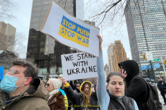 Protests arose in several parts of the city, where an estimated 500+ demonstrators marched from Times Square to the Permanent Mission of the Russian Federation. They then marched along Lexington Avenue to the United Nations, located within Dag Hammarskjold Plaza on East 47th Street in Manhattan. 

Among their chants, they shouted "hands off Ukraine," "stop Russia now," "stand with Ukraine," and "support Ukraine." Some also sang the Ukrainian national anthem. 

Photographer Placido D. Perez
NYPPA Independent Photographer