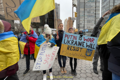 Protests arose in several parts of the city, where an estimated 500+ demonstrators marched from Times Square to the Permanent Mission of the Russian Federation. They then marched along Lexington Avenue to the United Nations, located within Dag Hammarskjold Plaza on East 47th Street in Manhattan. 

Among their chants, they shouted "hands off Ukraine," "stop Russia now," "stand with Ukraine," and "support Ukraine." Some also sang the Ukrainian national anthem. 

Photographer Placido D. Perez
NYPPA Independent Photographer
