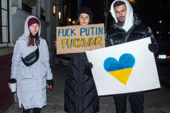 Several hundred came together to protest the Russian invasion of Ukraine in front of the Russian Consulate in the Upper East Side of Manhattan, Thursday, February 24, 2022. 
People from Ukraine or Ukrainian decent as well as Latvian, Estonian, Kazakh and even Russian came together to protest the invasion and support Ukraine and show solidarity. Students, professionals, and tourists endured the cold weather in a peaceful gathering. (C) Bianca Otero