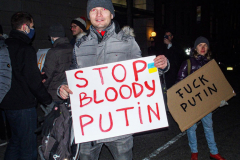 Several hundred came together to protest the Russian invasion of Ukraine in front of the Russian Consulate in the Upper East Side of Manhattan, Thursday, February 24, 2022. 
People from Ukraine or Ukrainian decent as well as Latvian, Estonian, Kazakh and even Russian came together to protest the invasion and support Ukraine and show solidarity. Students, professionals, and tourists endured the cold weather in a peaceful gathering. (C) Bianca Otero