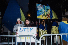 Several hundred came together to protest the Russian invasion of Ukraine in front of the Russian Consulate in the Upper East Side of Manhattan, Thursday, February 24, 2022. 
People from Ukraine or Ukrainian decent as well as Latvian, Estonian, Kazakh and even Russian came together to protest the invasion and support Ukraine and show solidarity. Students, professionals, and tourists endured the cold weather in a peaceful gathering. (C) Bianca Otero