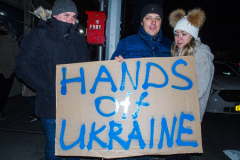 Several hundred came together to protest the Russian invasion of Ukraine in front of the Russian Consulate in the Upper East Side of Manhattan, Thursday, February 24, 2022. 
People from Ukraine or Ukrainian decent as well as Latvian, Estonian, Kazakh and even Russian came together to protest the invasion and support Ukraine and show solidarity. Students, professionals, and tourists endured the cold weather in a peaceful gathering. (C) Bianca Otero