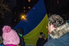 Several hundred came together to protest the Russian invasion of Ukraine in front of the Russian Consulate in the Upper East Side of Manhattan, Thursday, February 24, 2022. 
People from Ukraine or Ukrainian decent as well as Latvian, Estonian, Kazakh and even Russian came together to protest the invasion and support Ukraine and show solidarity. Students, professionals, and tourists endured the cold weather in a peaceful gathering. (C) Bianca Otero