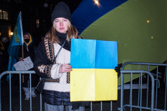 Several hundred came together to protest the Russian invasion of Ukraine in front of the Russian Consulate in the Upper East Side of Manhattan, Thursday, February 24, 2022. 
People from Ukraine or Ukrainian decent as well as Latvian, Estonian, Kazakh and even Russian came together to protest the invasion and support Ukraine and show solidarity. Students, professionals, and tourists endured the cold weather in a peaceful gathering. (C) Bianca Otero