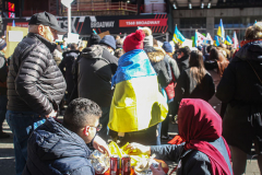 Ukranian supporters came together again  in Times Square, to speak in protest on their opposition of the Russian attack on Ukraine.
People from around the world took to the foghorns to speak their minds against the attack and to reinforce their solidarity together in support.
Times Square, Midtown, Manhattan, New York. Saturday, February 26, 2022. (C) Bianca Otero