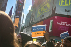 Ukranian supporters came together again  in Times Square, to speak in protest on their opposition of the Russian attack on Ukraine.
People from around the world took to the foghorns to speak their minds against the attack and to reinforce their solidarity together in support.
Times Square, Midtown, Manhattan, New York. Saturday, February 26, 2022. (C) Bianca Otero