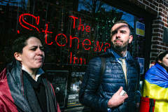 Ukranian and LGBTQ supporters came together in front of the Stonewall Inn, to speak in protest on their opposition of the Russian attack on Ukraine. 38 Christopher street is home of the 1969 Stonewall Uprising, which paved the way for LGBTQ rights and pushed the movement into existence. 
Though not illegal in Russia, there are no anti-discrimination protections of LGBTQ people nor does it prohibit hate crimes based on sexual orientation and gender identity.
Chelsea, Manhattan, New York. Saturday, February 26, 2022. (C) Bianca Otero