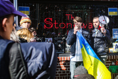 Ukranian and LGBTQ supporters came together in front of the Stonewall Inn, to speak in protest on their opposition of the Russian attack on Ukraine. 38 Christopher street is home of the 1969 Stonewall Uprising, which paved the way for LGBTQ rights and pushed the movement into existence. 
Though not illegal in Russia, there are no anti-discrimination protections of LGBTQ people nor does it prohibit hate crimes based on sexual orientation and gender identity.
Chelsea, Manhattan, New York. Saturday, February 26, 2022. (C) Bianca Otero